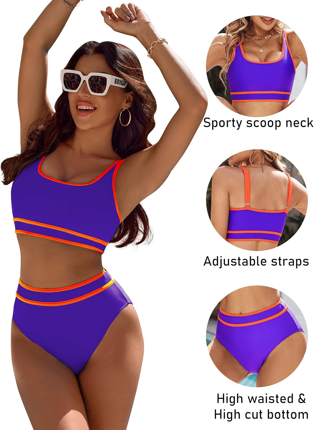 Savaviaswim - Women's High Waisted Bikini Sets Sporty Two Piece Swimsuits Color Block Cheeky High Cut Bathing Suits