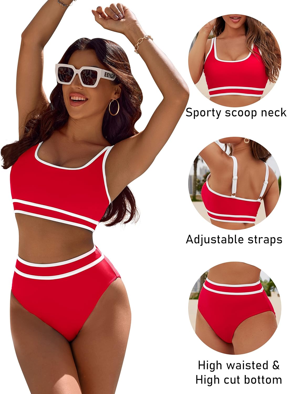 Savaviaswim - Women's High Waisted Bikini Sets Sporty Two Piece Swimsuits Color Block Cheeky High Cut Bathing Suits