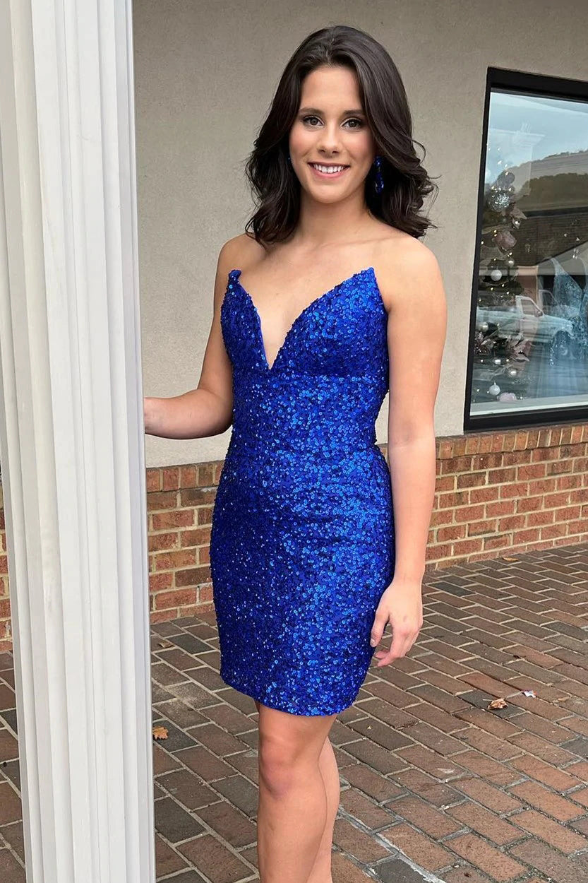 Sparkle Royal Blue Strapless V Neck Sequins Homecoming Dress