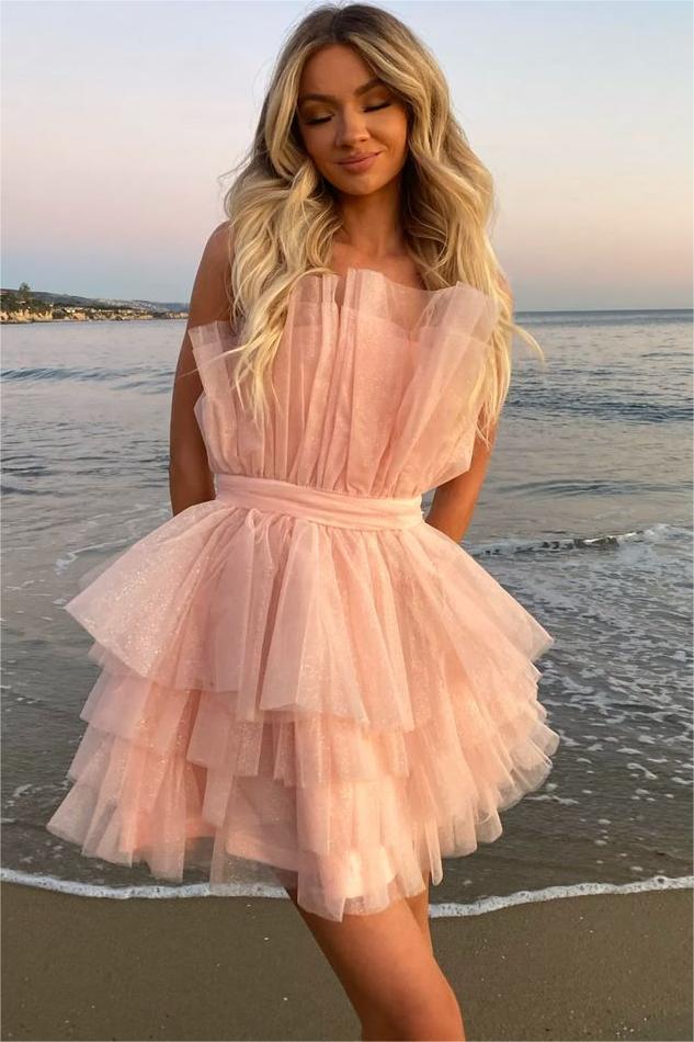  Pink Strapless Sleeveless Short Homecoming Dresses