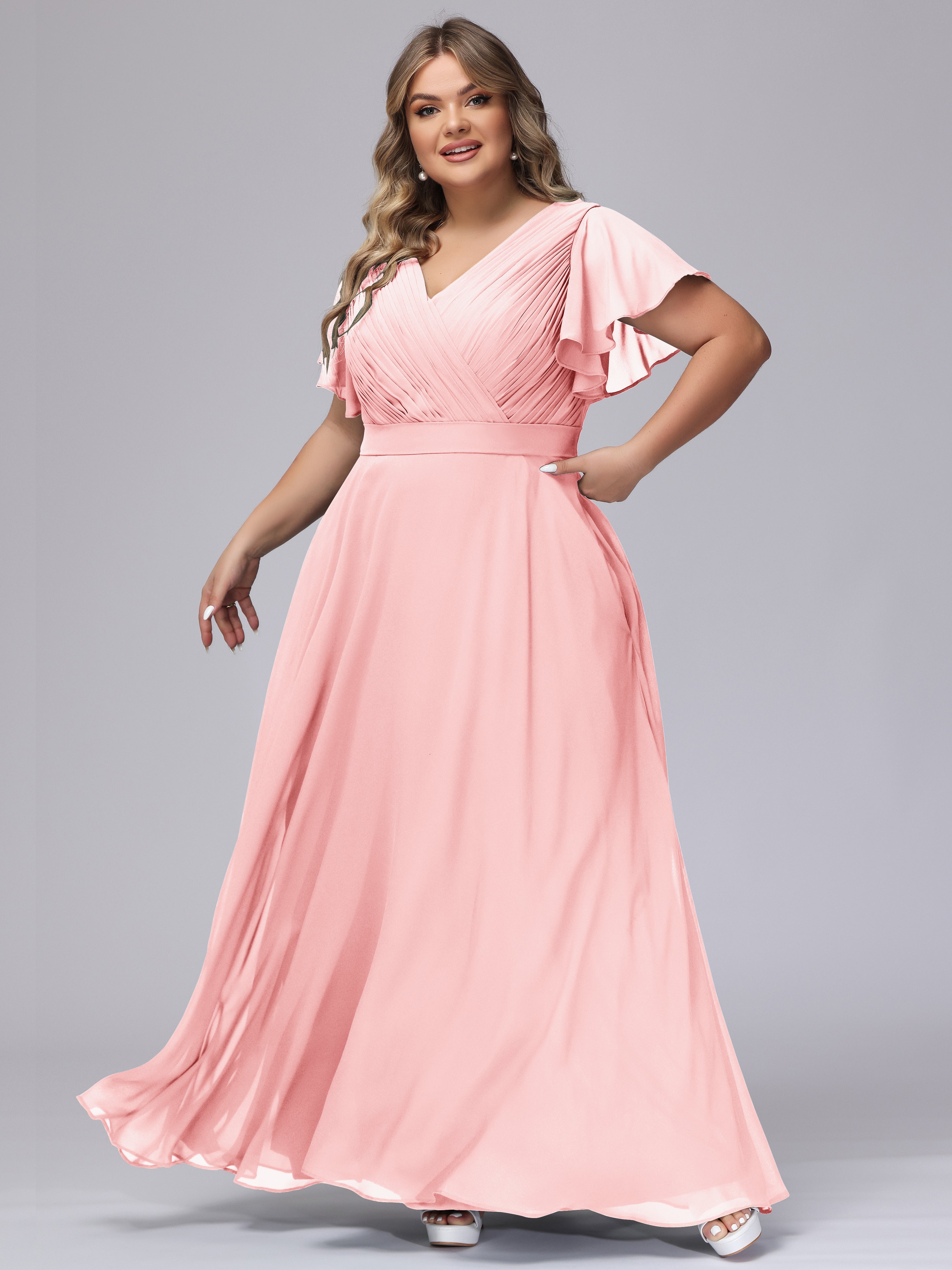 Elegant V neck Ruffle Sleeves Empire Plus Size Bridesmaid Dress