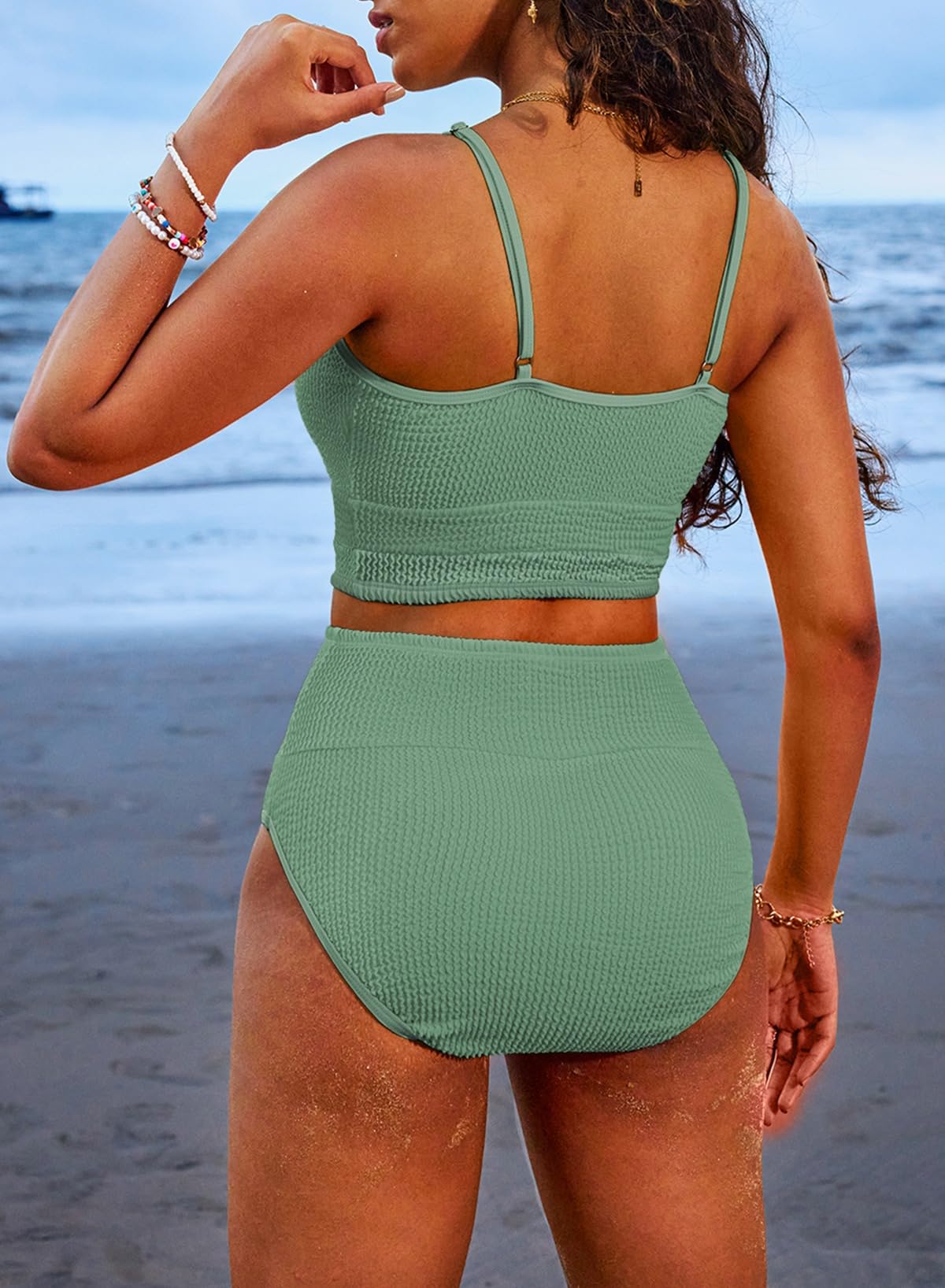 Savaviaswim - Women 2 Piece Bikini Set High Waisted Color Block Swimsuit Beach Scrunch Ribbed Bathing Suit