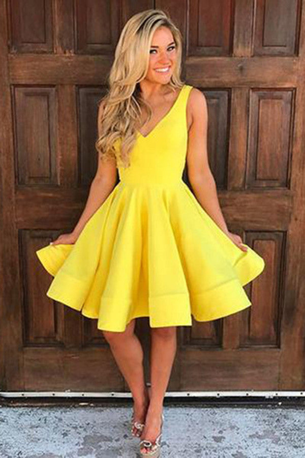 A Line Yellow Homecoming Dress,V Neck Sleeveless Short Prom Dress, HCD41 - Ombreprom