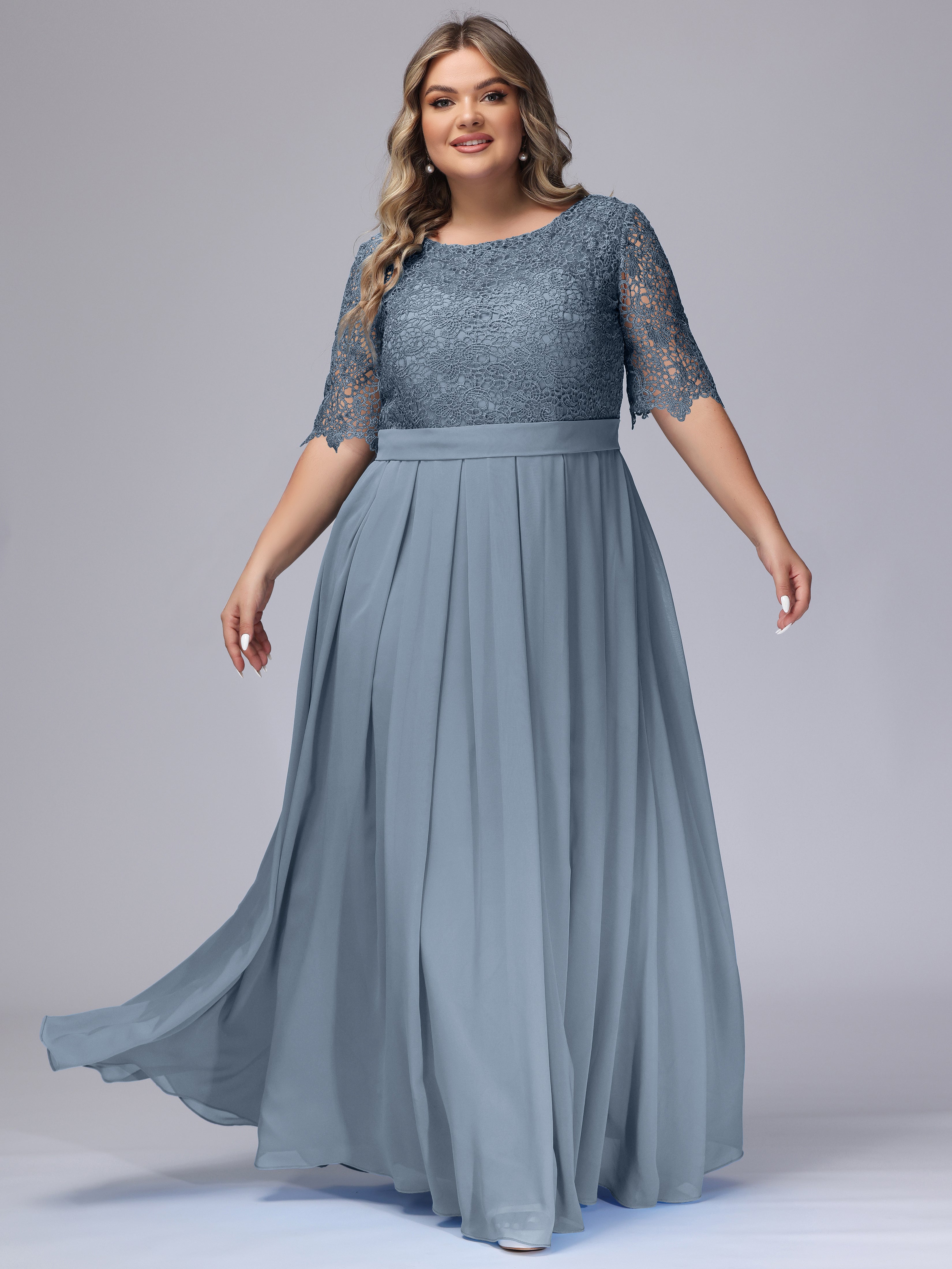 Half Sleeves Scoop Lace Long Plus Size Bridesmaid Dresses