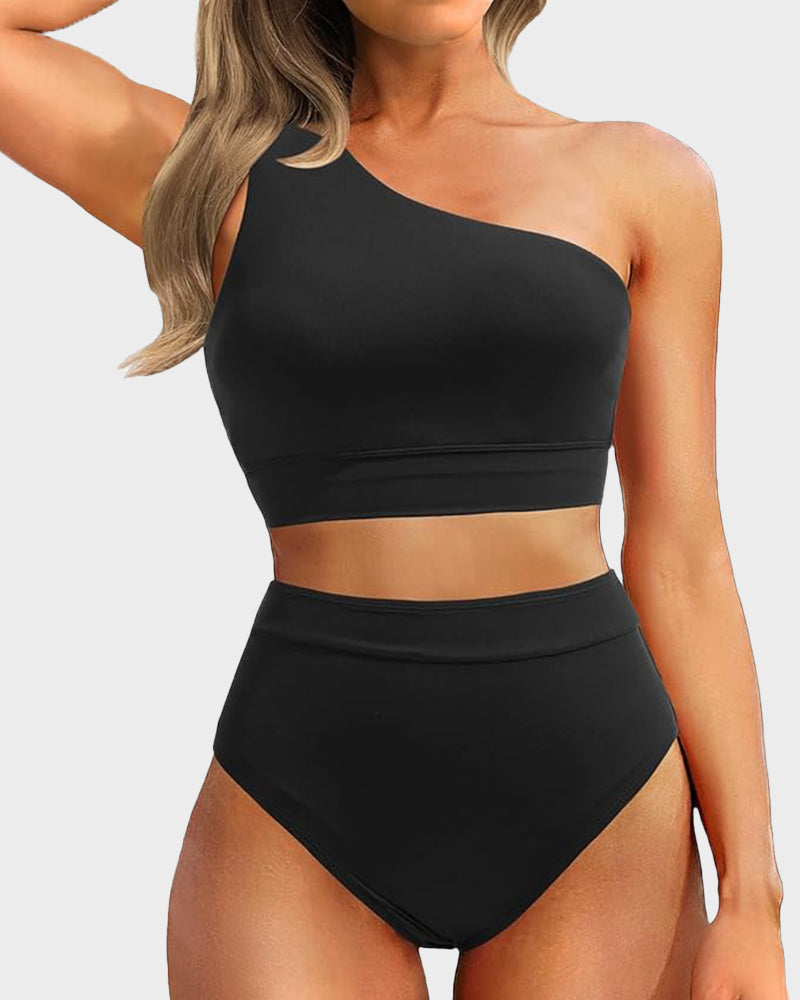 Savaviaswim - High-Waist One-Shoulder Tummy Control Bikini Set