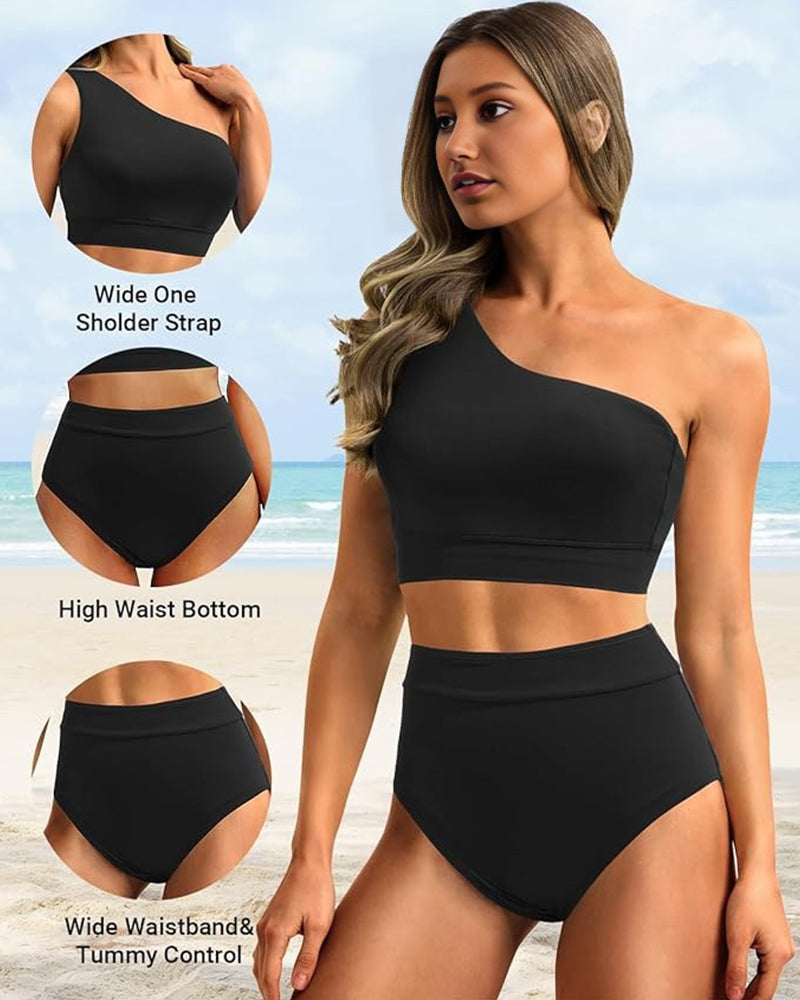 Savaviaswim - High-Waist One-Shoulder Tummy Control Bikini Set