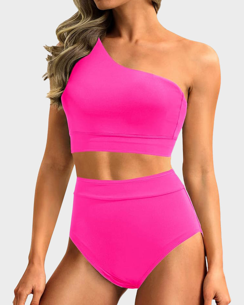 Savaviaswim - High-Waist One-Shoulder Tummy Control Bikini Set