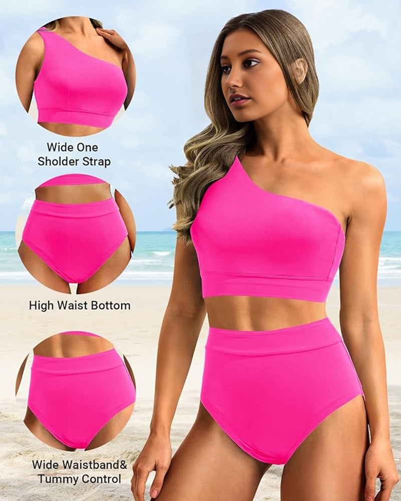 Savaviaswim - High-Waist One-Shoulder Tummy Control Bikini Set