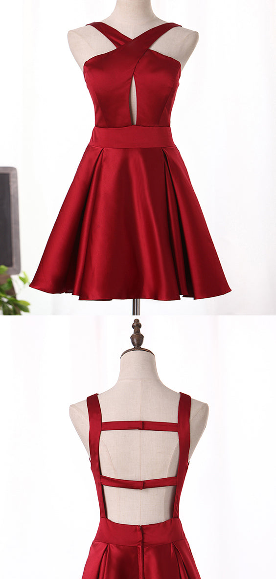 Open Back Cocktail Dresses V Neck A Line Satin Homecoming Dresses