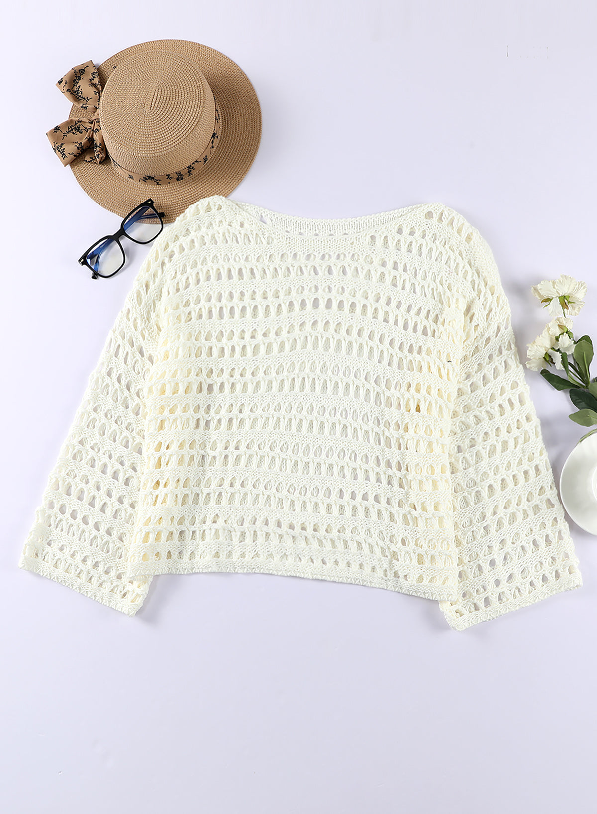 Savaviaswim - White Mesh Knitted Long Sleeve Hollow Sun-proof Round Neck Cover Up