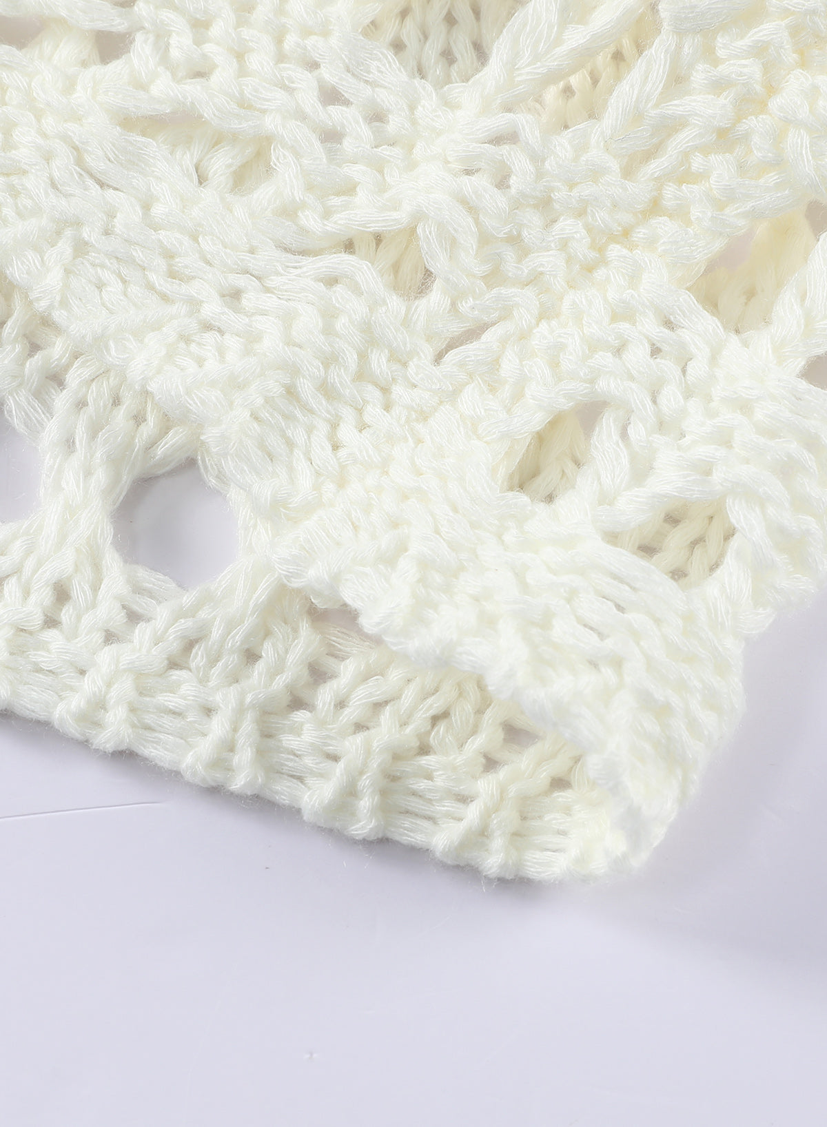 Savaviaswim - White Mesh Knitted Long Sleeve Hollow Sun-proof Round Neck Cover Up