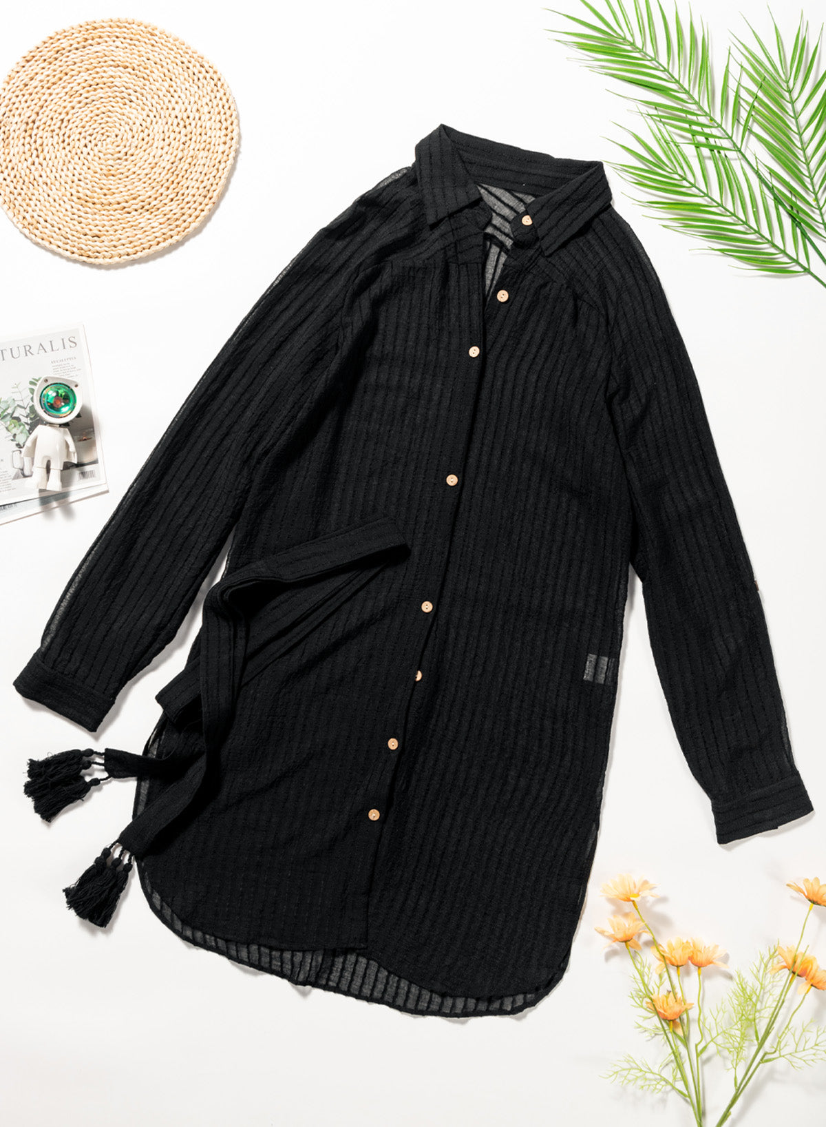 Savaviaswim - Black Solid Color Tie Sun-proof Belt Sexy V Neck Cover Up