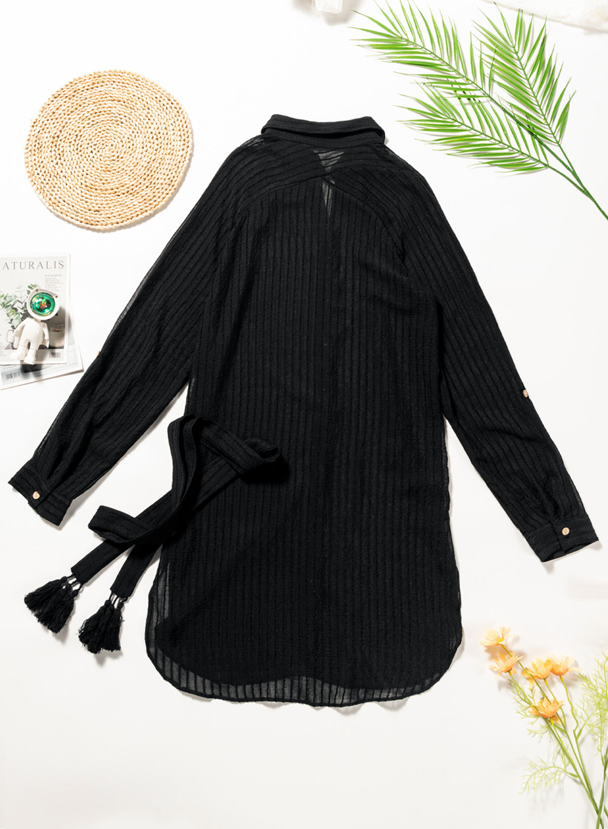 Savaviaswim - Black Solid Color Tie Sun-proof Belt Sexy V Neck Cover Up