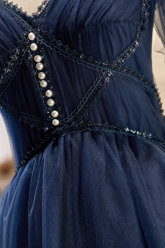 Dark Navy Spaghetti Straps V Neck Tulle Short Homecoming Dresses