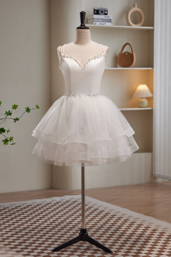 Simple White Spaghetti Straps Beading Tulle Short Homecoming Dresses