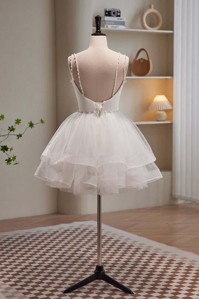 Simple White Spaghetti Straps Beading Tulle Short Homecoming Dresses