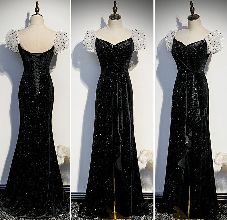 Vintage Formal Black Lace Up Sheath Long Prom Dresses With Sleeves