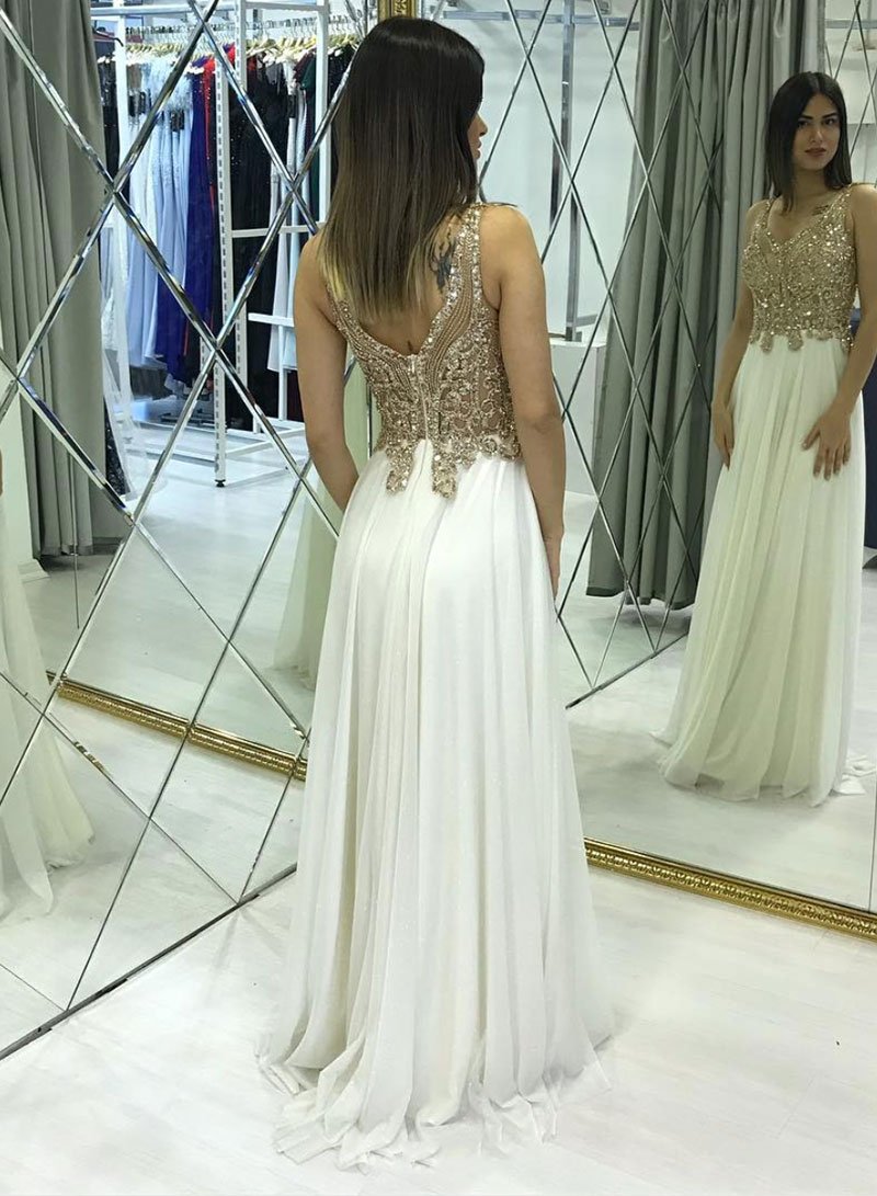 Pretty Ivory Chiffon Long Beading A line Prom Dresses For Teens