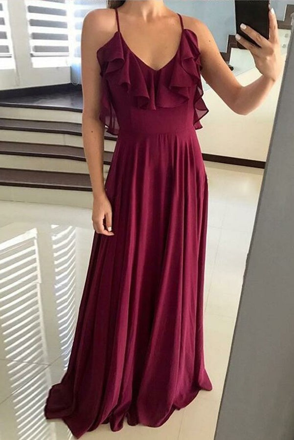 Pretty Spaghetti Straps Burgundy Chiffon Long Prom Dresses With Ruffles Bridesmaid Dresses