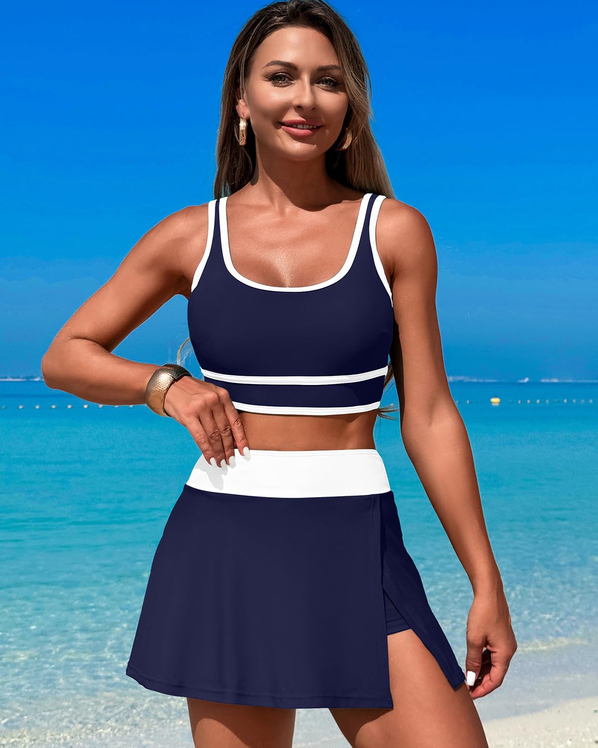 Savaviaswim - High Waisted Bikini Sets Tummy Control Swim Skirt Two Piece Swim Suit Tummy Control Color Block Bathing Suit