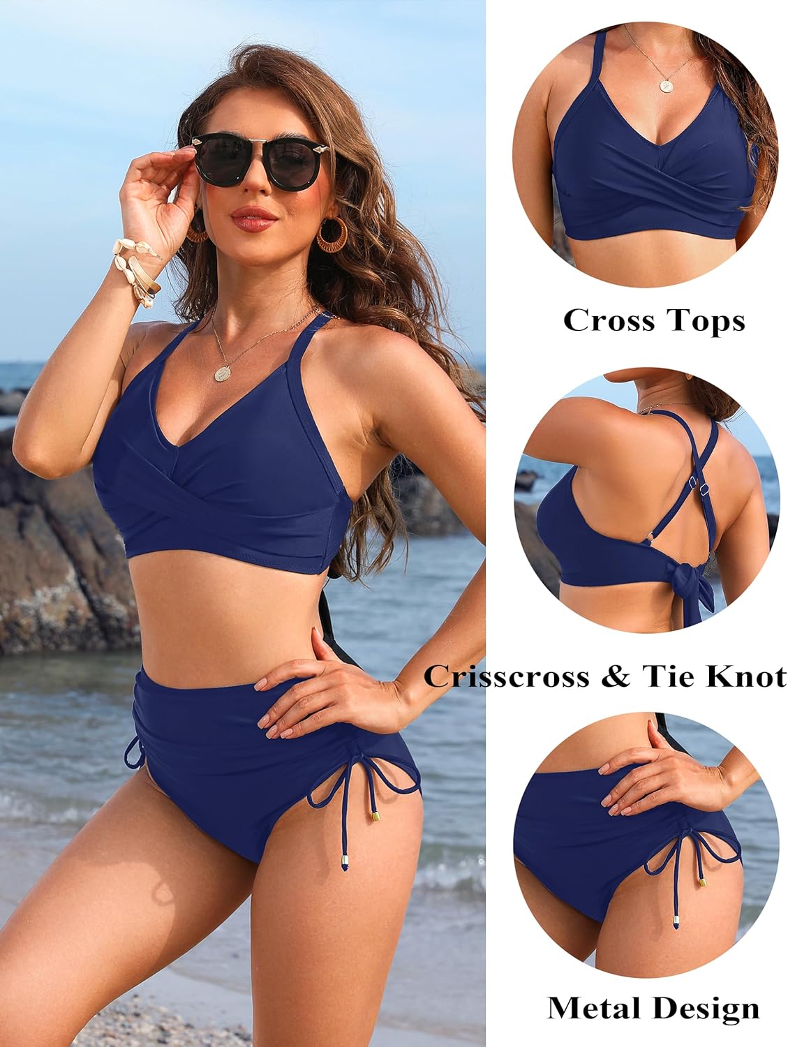 Savaviaswim - Womens High Waisted Bikini Sets Drawstring Tummy Control Swimsuits Crisscross Tie Back Bathing Suit