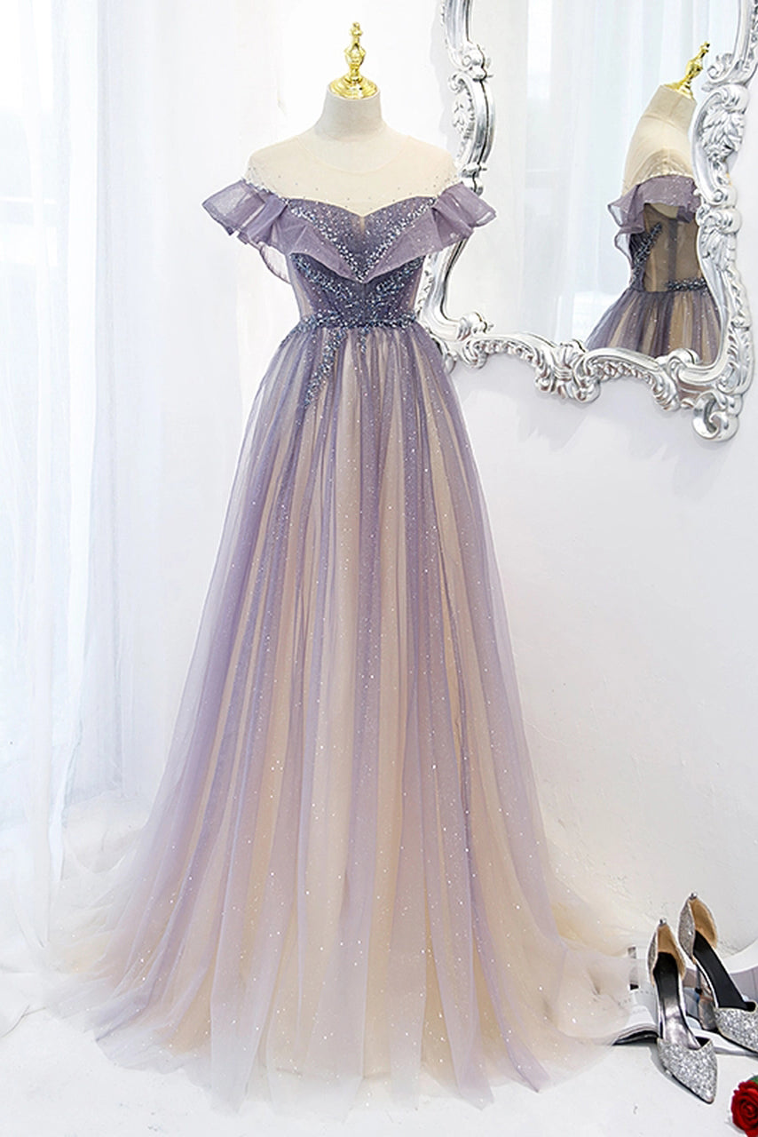 Off the Shoulder Ombre Tulle A-Line Sparkly Short Sleeves Prom Dresses