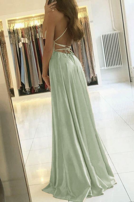 Dusty Sage Simple Elegant Spaghetti Straps Long Prom Dresses