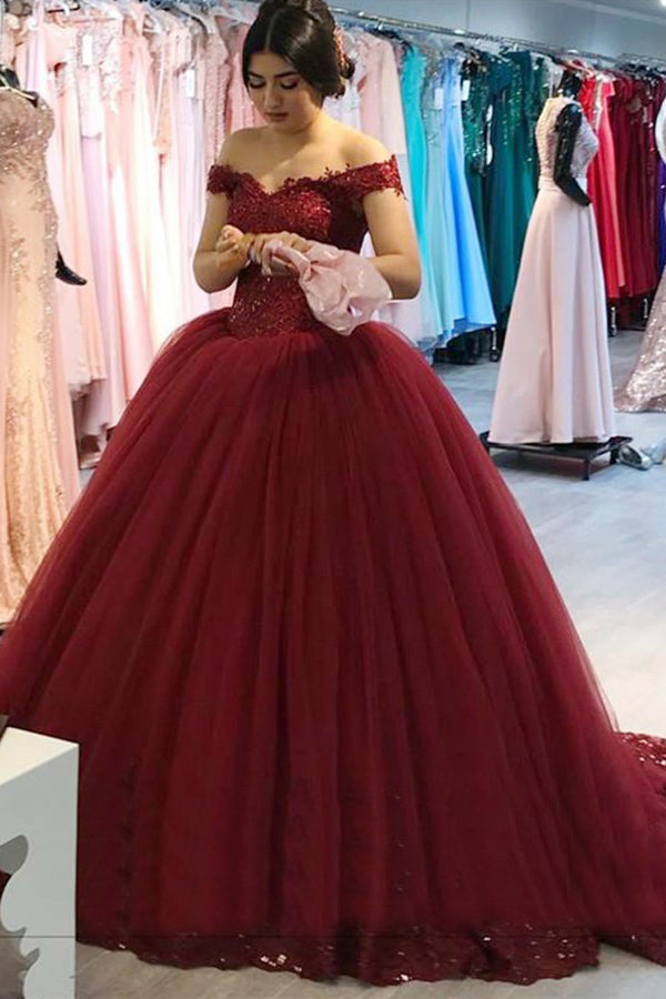 Burgundy Ball Gown Off-the-Shoulder Tulle Quinceanera Gown, Sweet 16 Dress with Appliques Q102 - Ombreprom