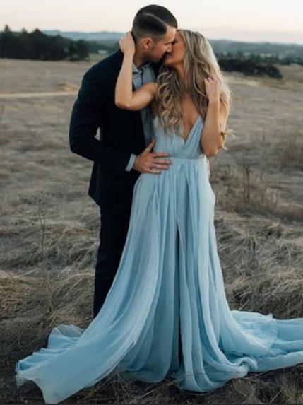 Simple Sleeveless V Neck Chiffon A Line Long Sky Blue Flowy Prom Dresses