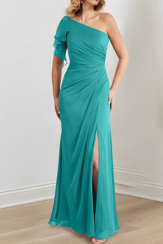 Column Sleeveless One Shoulder Long Mother of The Bride Dresses  MD066