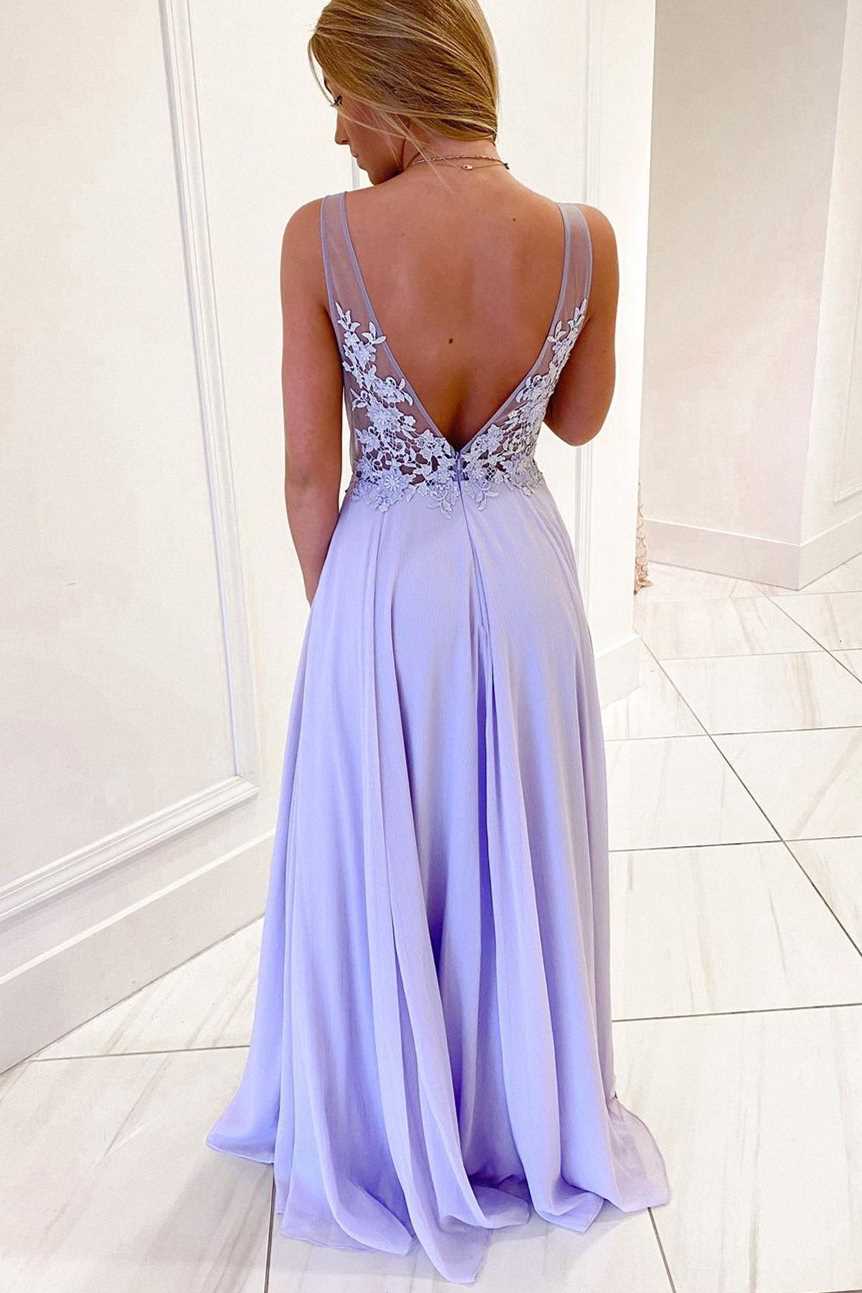 Chiffon A-line V Neck Lavender Evening Formal Dresses Long Prom Dresses