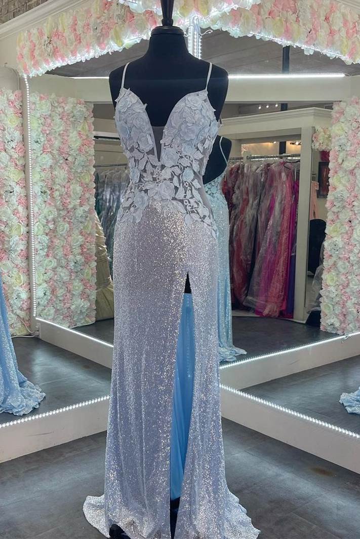 Elegant Straps Light Blue Sheath Appliques Long Prom Dresses