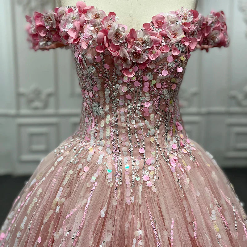 Princess Pink Quinceanera Dress Floral Print Sequins Off Shoulder Ball