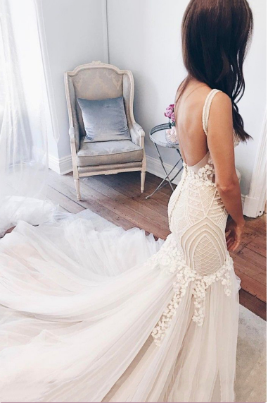 Elegant Mermaid Zipper Back Lace Tulle Long V Neck Wedding Dresses With Appliques