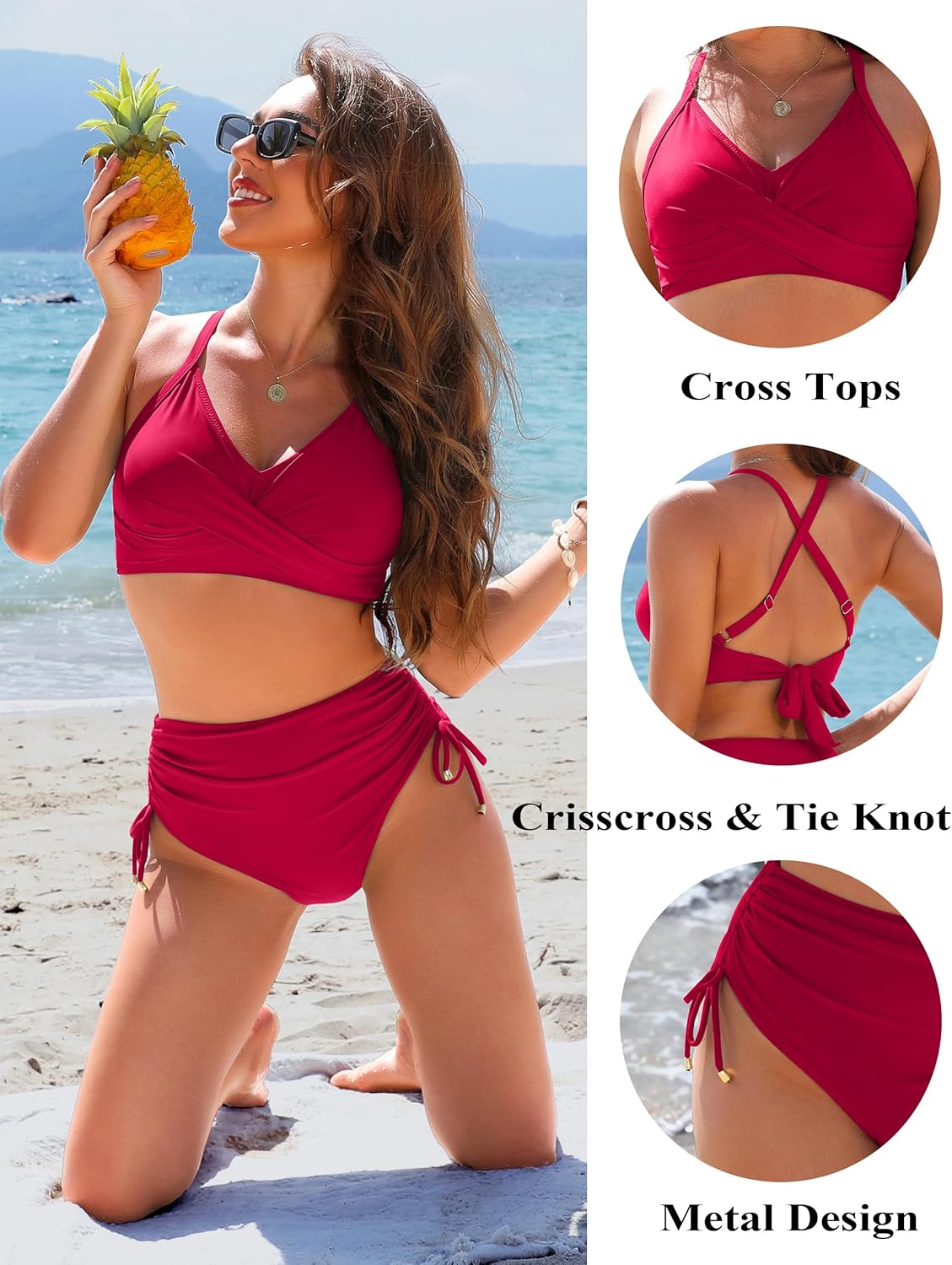 Savaviaswim - Womens High Waisted Bikini Sets Drawstring Tummy Control Swimsuits Crisscross Tie Back Bathing Suit