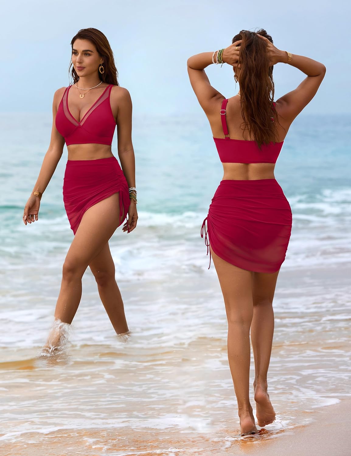 Savaviaswim - Womens Swim Skirt High Waisted Bikini Sets Tummy Control Swimsuits Mesh Sarong Wraps Bathing Suits