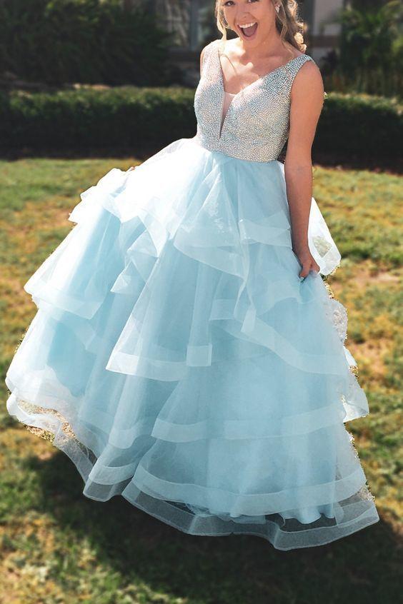 Blue A-line V Neck Chrming Tiered Long Beaded Prom Dresses