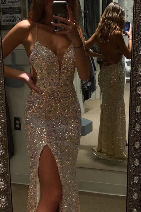 Mermaid Evening Dresses Spaghetti Straps V Neck Prom Dresses With Split