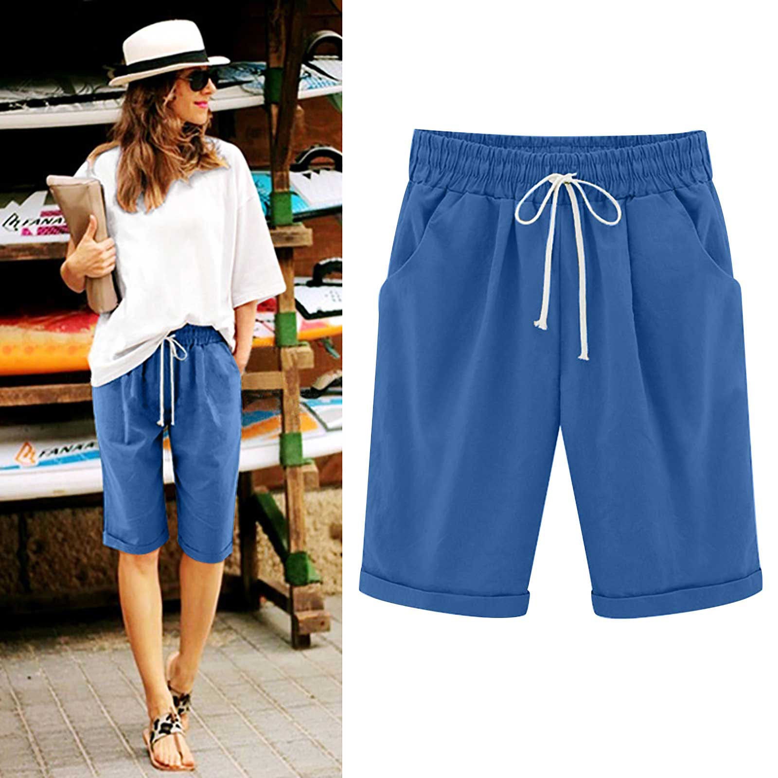Savaviaswim - Women's Elastic Waist Knee Length Casual Cotton Bermuda Shorts with Drawstring