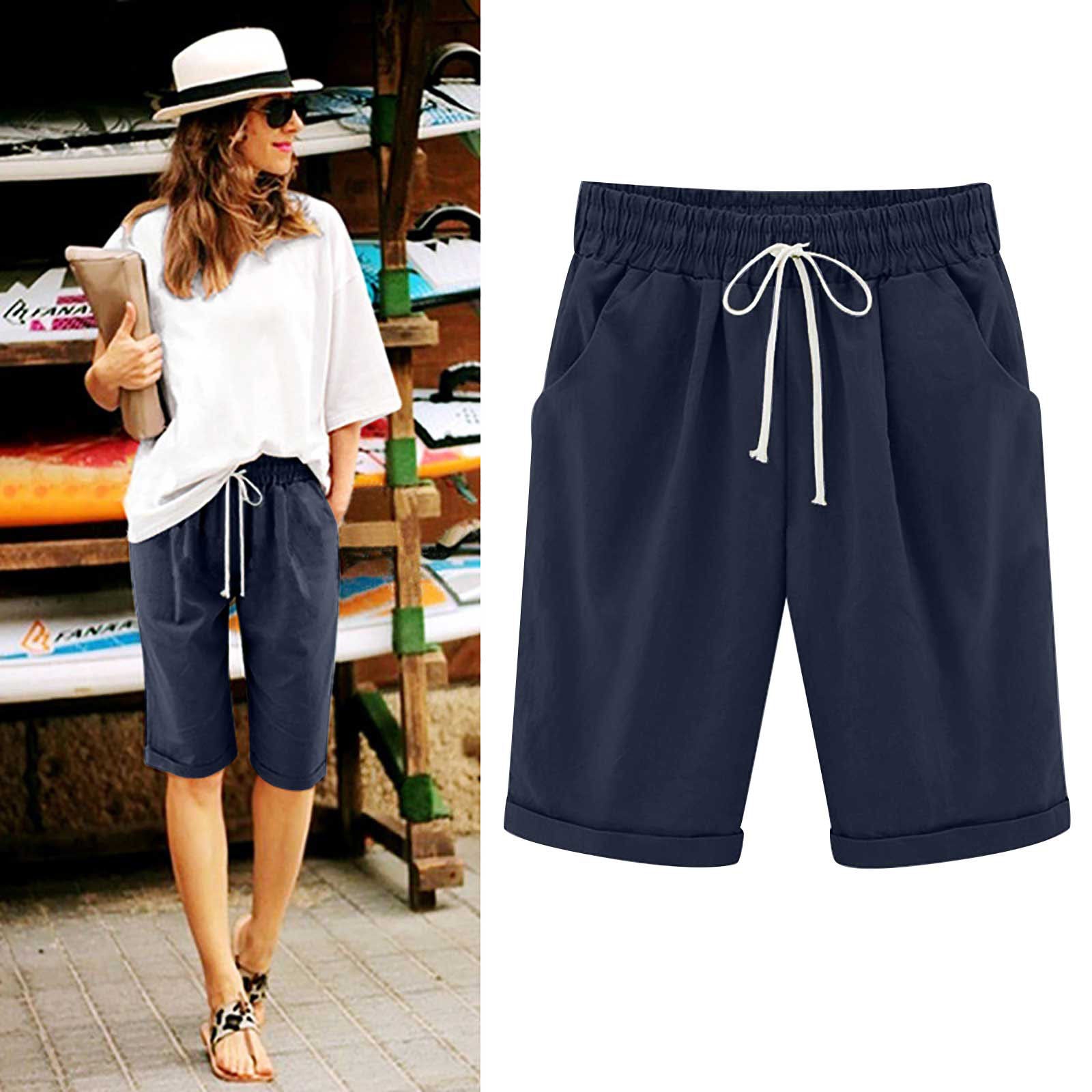 Savaviaswim - Women's Elastic Waist Knee Length Casual Cotton Bermuda Shorts with Drawstring