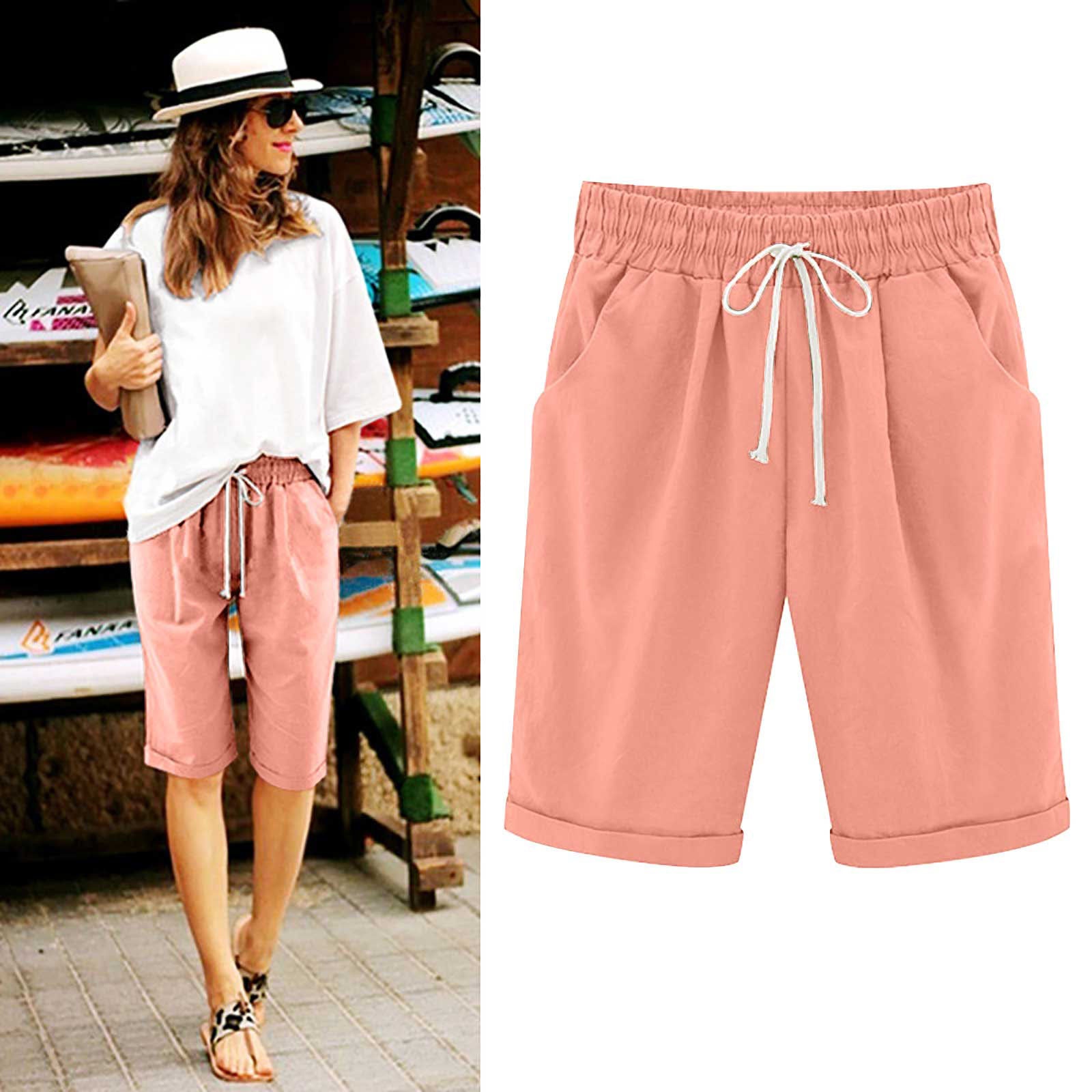 Savaviaswim - Women's Elastic Waist Knee Length Casual Cotton Bermuda Shorts with Drawstring