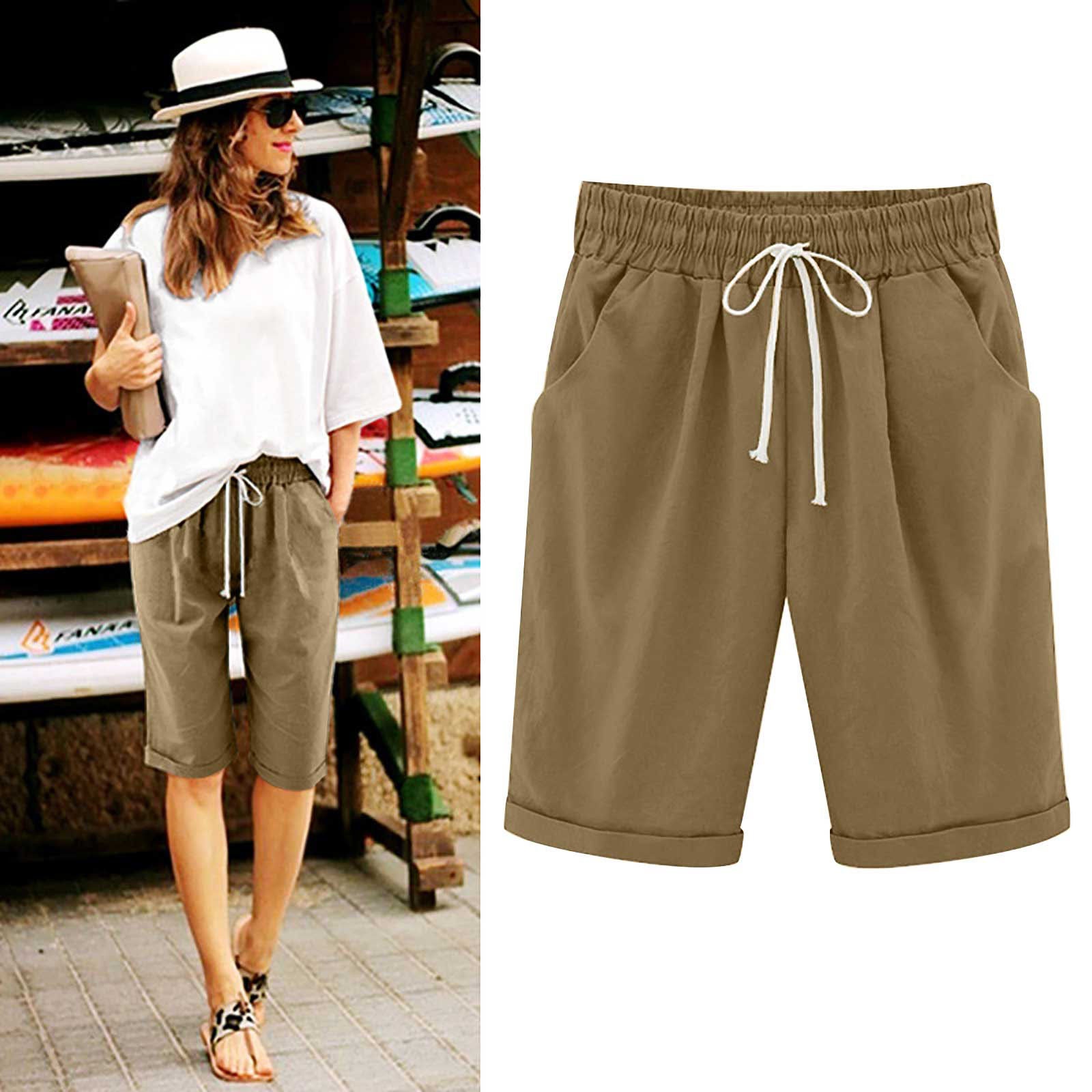 Savaviaswim - Women's Elastic Waist Knee Length Casual Cotton Bermuda Shorts with Drawstring
