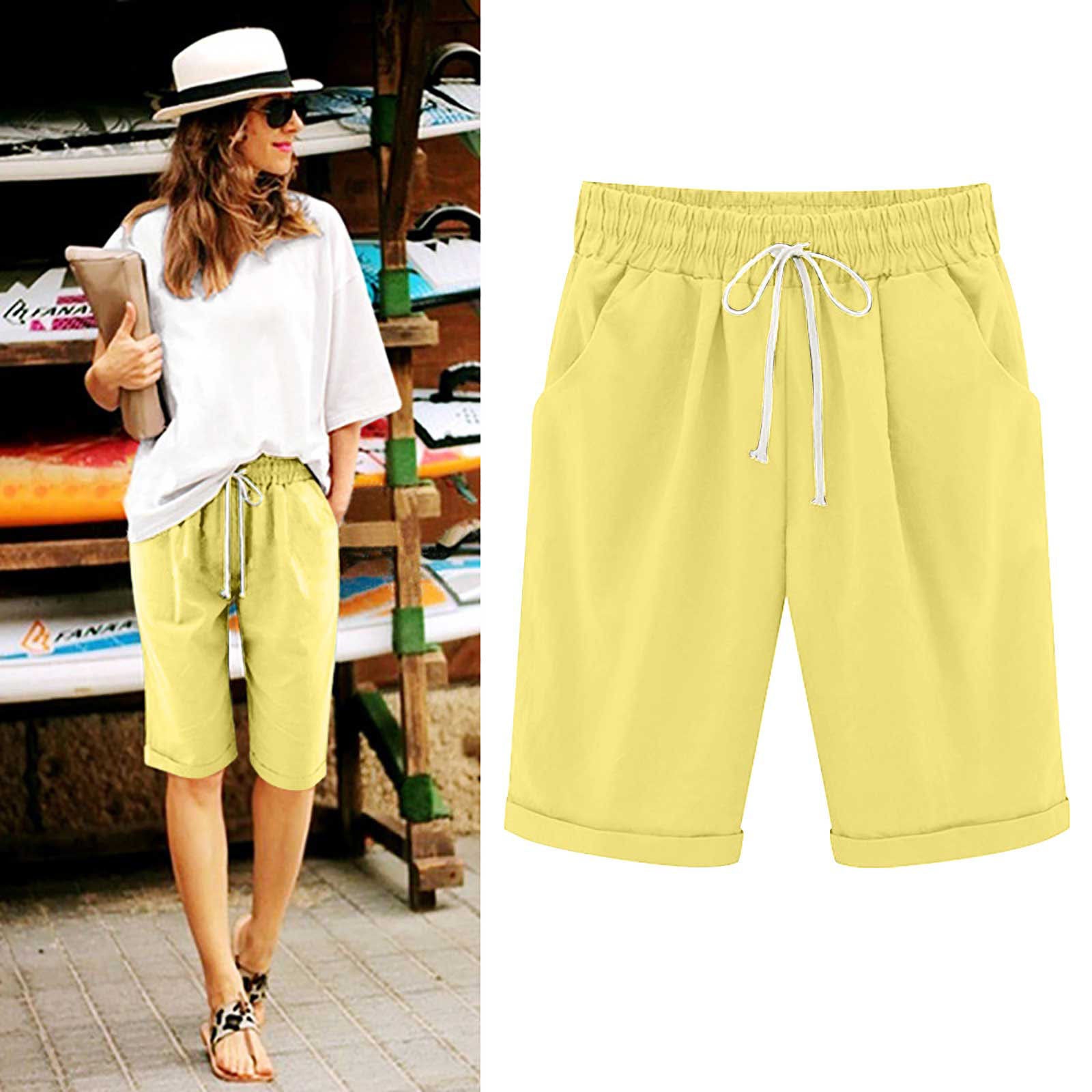 Savaviaswim - Women's Elastic Waist Knee Length Casual Cotton Bermuda Shorts with Drawstring