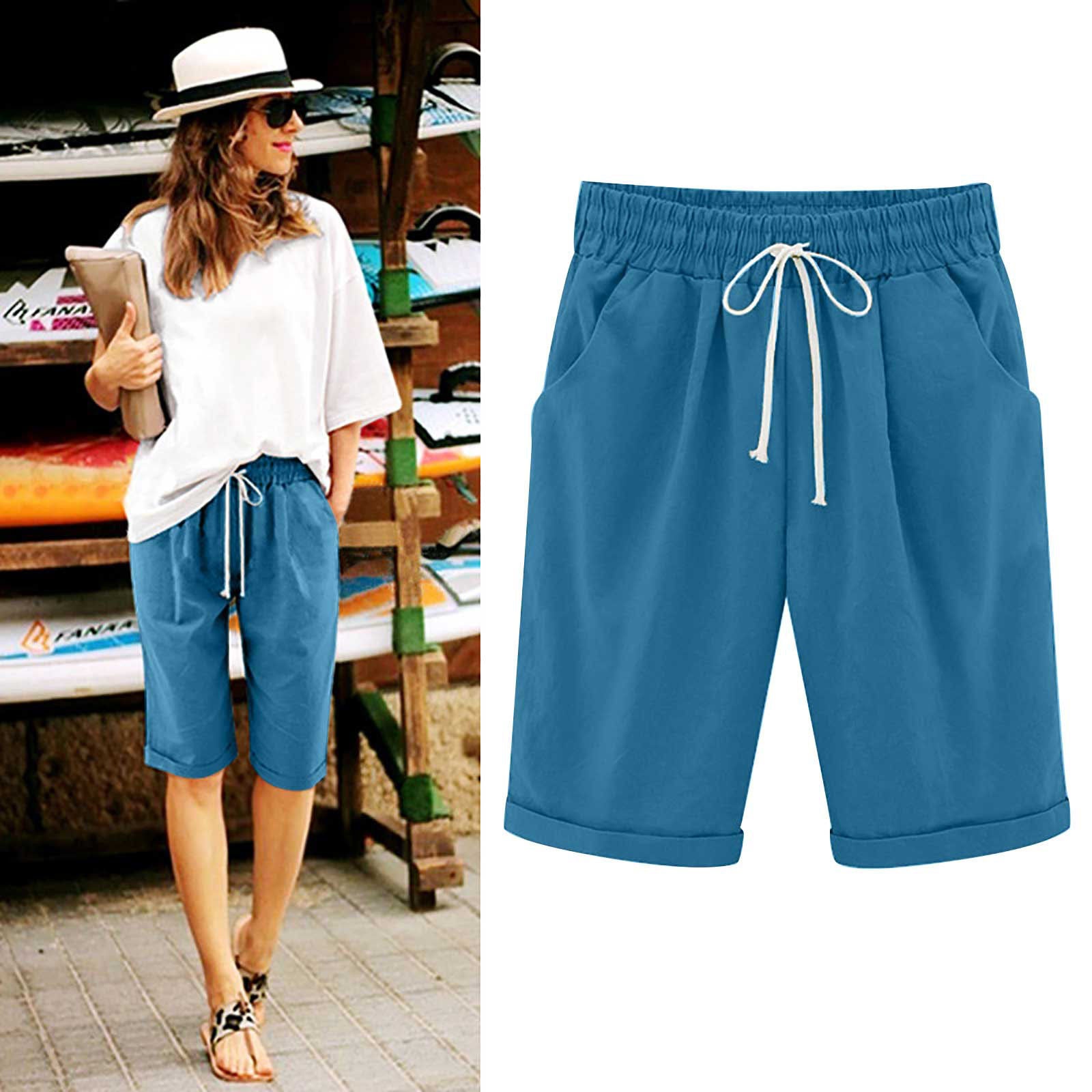 Savaviaswim - Women's Elastic Waist Knee Length Casual Cotton Bermuda Shorts with Drawstring