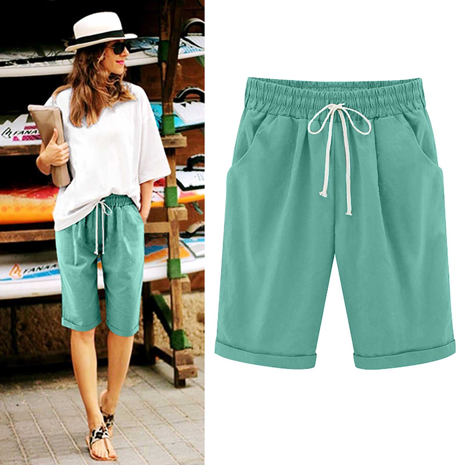 Savaviaswim - Women's Elastic Waist Knee Length Casual Cotton Bermuda Shorts with Drawstring