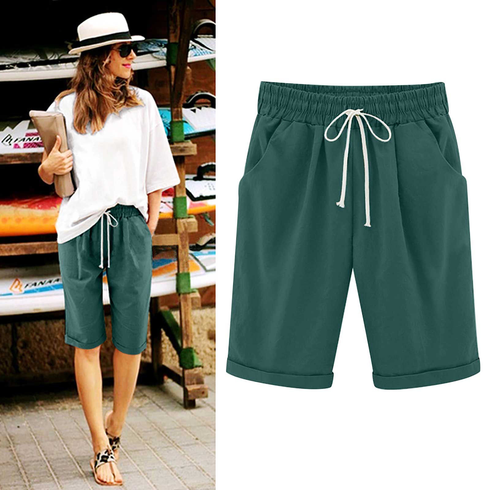 Savaviaswim - Women's Elastic Waist Knee Length Casual Cotton Bermuda Shorts with Drawstring