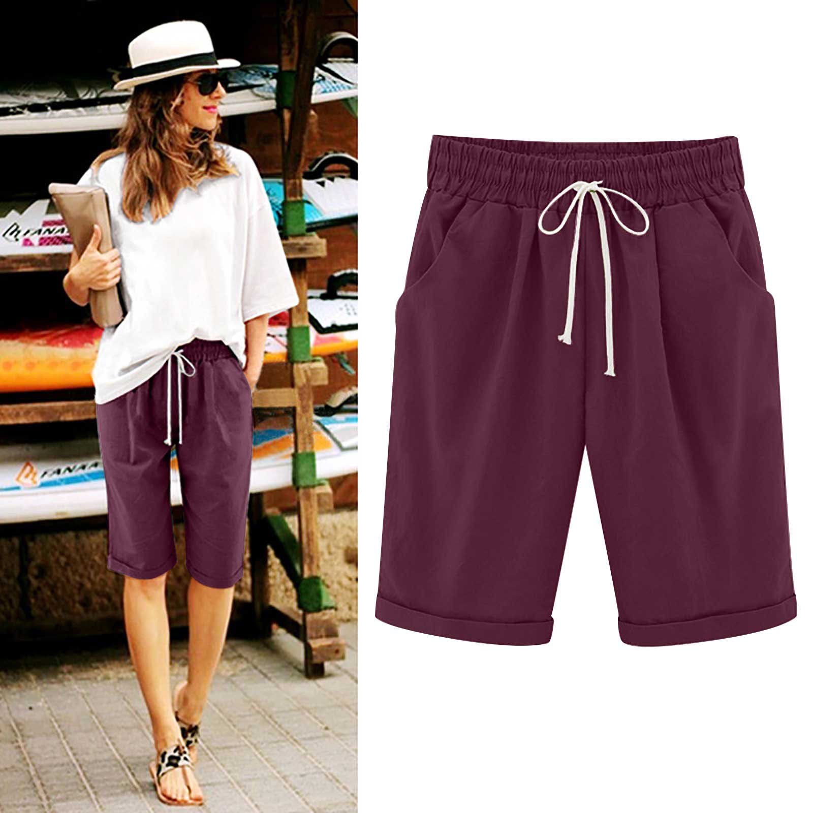Savaviaswim - Women's Elastic Waist Knee Length Casual Cotton Bermuda Shorts with Drawstring