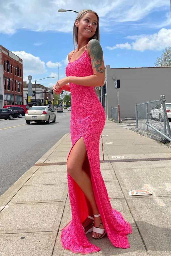 Sparkly Mermaid Sequined Hot Pink Evening Gown Sleeveless Long Prom Dresses with Slit