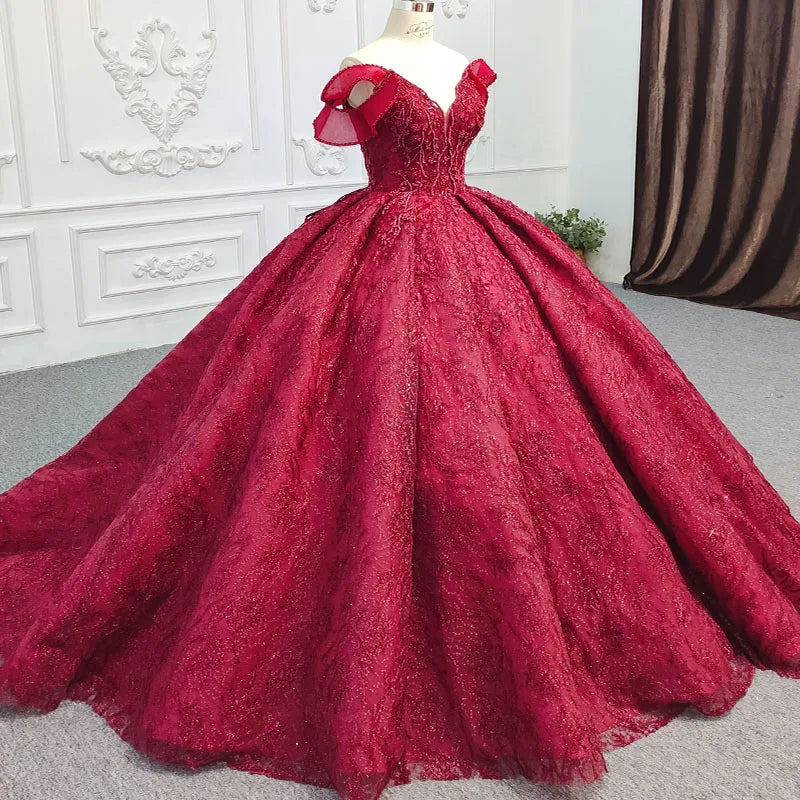 Simple Red V neck Ball Gown Pleated Lace Up Evening Party Dress