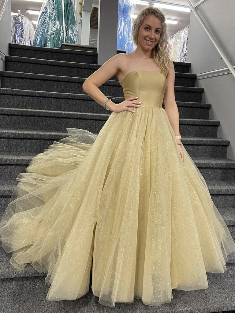 Daffodil A-Line Strapless Tulle Formal Evening Dresses Long Prom Dresses